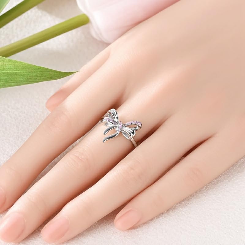 PARCOM Adjustable Women Stackable Ring, 925 Sterling Silver Open Rings - Trendy Eternity Cubic Zirconia Stackable Band Engagement Promise Ring for Her, Hypoallergenic Non Tarnish Nature Bird Floral Thumb Rings - color: Pink Bow