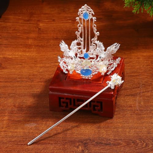 FRCOLOR Hair Clip - Chinese Vintage Hair Coronet Traditional Hanfu Hair Clip with Hair Stick, Ancient Hairpin Headpieces Hair Accessories for Women Girls (White)