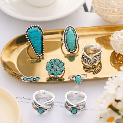 Bohemian Turquoise Ring for Women Stackable Vintage Chunky Boho Turquoise Ring Set Dainty Open Gemstone Knuckle Midi Finger Rings Western Statement Rings Jewelry - style: eight Water drop