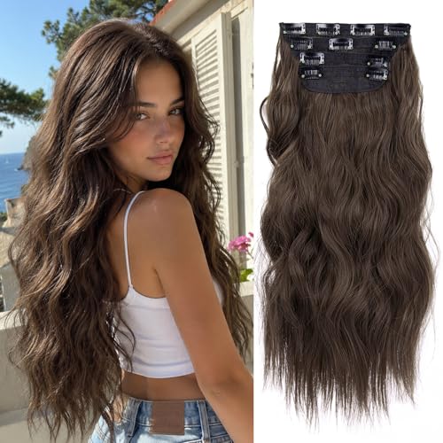 Double Weft Synthetic Hair Extension 4PCS Thick Hairpieces Clip in Long Wavy Hair Extensions Chestnut Brown 20 Inch (4pcs, 20Inch, 8/10#) - color: 8/10-Chestnut Brown