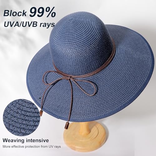 DRESHOW Beach Hats for Women Big Straw Wide Brim Summer Hat Floppy Foldable Roll up Cap Sun Hat UPF 50+ - color: 1 Pack Bowknot Hat: Navy Blue, 4.7" Brim