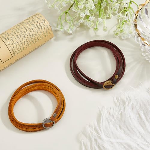 2 Colors Genuine Leather Wrap Bracelets Adjustable Vintage Cowhide Leather Boho Layered Arm Armor Cuff Brown Western Stackable Straps Wristband Cuff with Alloy Toggle Clasp for Men Women - color: Brown, Dark Brown