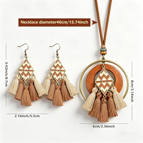 Wooden Leather Necklaces Set Bohemian Wood Stack Discs Long Chain Hemp Rope Bronze Plated Pendant Ethnic Tribal Fall Leaf Earrings Jewelry Statement Necklace - color: R-032