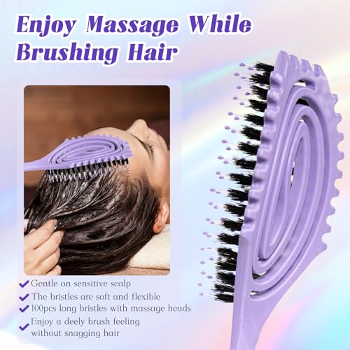 Curl Defining Hair Brush for Curly Hair Fast Blow Drying Styling Hairbrush | Boar Bristle Hair Brush Gentle Detangling for Women Girls Long Wavy Thin Fine Hair Wet Dry Use, Smoothing Hair No Tangle - color: Purple