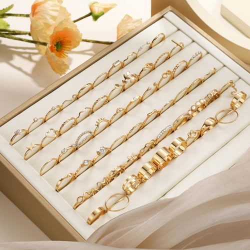 FAXHION 24-60 Pcs Gold Stackable Rings for Women, Knuckle Rings Chunky Gold Ring Set Dainty Stacking Cute Rings, Multiple Sizes Cute Jewelry Set Gift - style: Modern, Contemporary, American