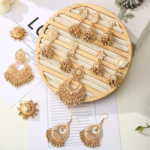 Nosiny 16 Pairs Jhumkas Indian Earrings for Women Vintage Jhumka Bell Hoop Dangle Earrings Set Ethnic Bohemian Indian Jewelry - color: Gold