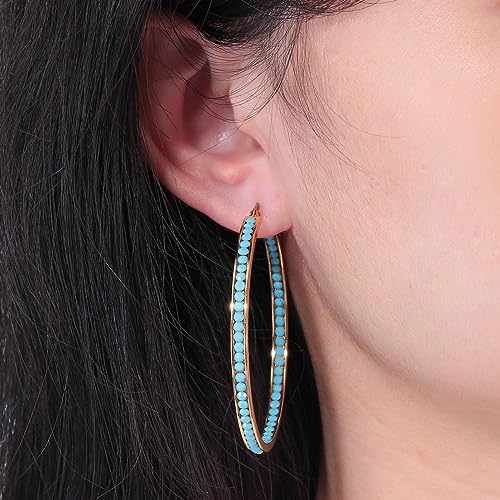 CiNily Mult-colors Crystal Stainless Steel Hoop Earring for Women Hypoallergenic Jewelry for Sensitive Ears Large Big Hoop Earrings 2" - color: Gold-Turquoise