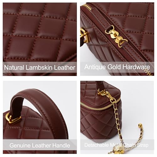 DORIS&JACKY Small Quilted Box Crossbody Purse For Women, Designer Lambskin Leather Mini Top Handle Tote Bag With Chain Strap - color: 5-wine Red