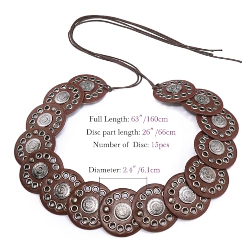 Women Western Disc Belt Boho Disk Concho Leather Belts Adjustable Knot Tie Waist Belts for Dresses - color: Brown