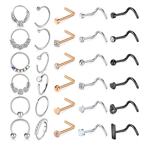 Mayhoop 20g Nose Rings Hoops And Studs For Women Men - Hypoallergenic 316L Surgical Stainless Steel L Shape Nose Screw Bone Silver Rose Gold Black Rainbow Pack 28Pcs - color: Style B(Silver+Rose gold+Black)