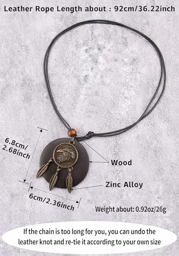 Kelake Leather Necklace for Women Men Teen Vinatge Boho Alloy Pendant Choker Jewelry Fashion Sweater Necklaces with Adjustable Genuine Leather Chain - color: Brass Eagle Feather & Brown Wood Pendant