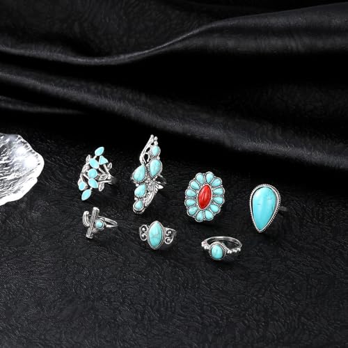 Bohemian Turquoise Ring for Women Stackable Vintage Chunky Boho Turquoise Ring Set Dainty Open Gemstone Knuckle Midi Finger Rings Western Statement Rings Jewelry - style: red seven
