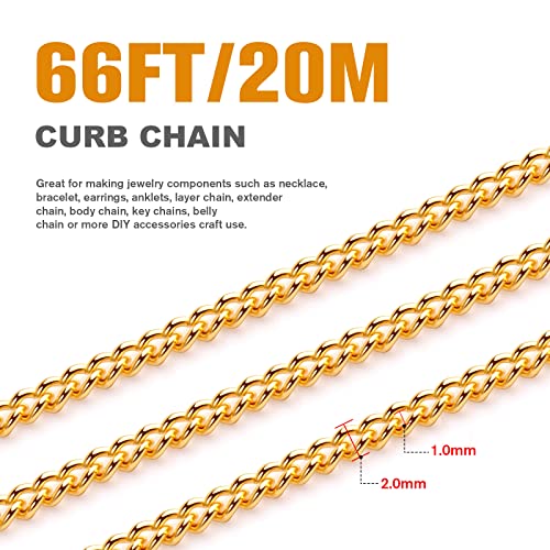 [66 Feet/ 20M] 18K Gold Plated Stainless Steel Curb Chain, 2mm 304 Stainless Steel Flat Twisted Links Curb Chains Bulk for Jewelry Making Necklace DIY Craft - color: Gold Color, size: 2.0mm width