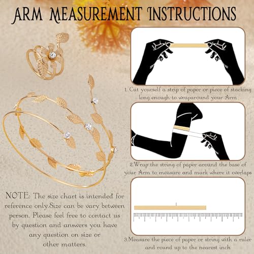 Gold Arm Cuff with Ring, 2 Pcs Open Upper Arm Bracelet and Ring with Rhinestones, Adjustable Metal Armband Jewelry Set - color: Leaves