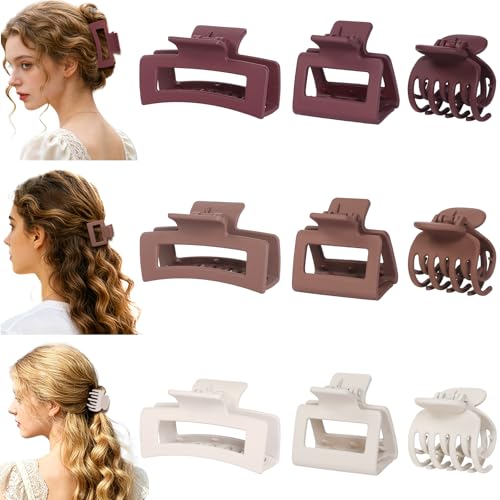 CHANDAT Medium Claw Hair Clips Set for Women - 3 Styles, 9PCS Rectangle Hair Clips for Thick Hair, Square Clips for Thin Hair - Coffer Red - color: Coffer Red