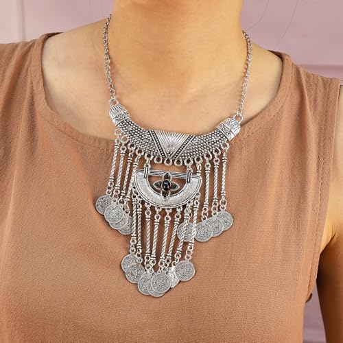 Bethynas Bohemian Ethnic Tribal Chunky Necklace Multilayer Long Tassel Turquoise Statement Neck Chain Retro Coin Gemstone Exaggerated Costume Accessories for Women - color: E-Black