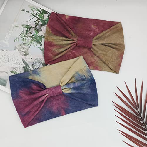 YONUF Wide Boho Headbands for Women Fashion Knotted Headband Yoga Workout Hair Accessories African Head Wrap Red Tie Dye 4 Pack - color: Red Tie Dye