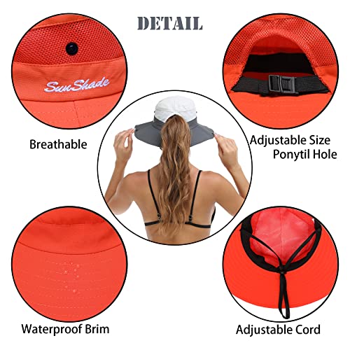 Womens Summer Sun Hat Beach Hat Wide Brim Outdoor UV Protection Hat Foldable Cool Mesh Ponytail Bucket Hat - color: Pure Orange