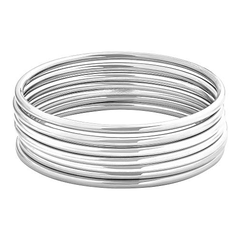 Glossy Thin Round Bangle Bracelet Set for Women, Set of 7 - color: Silver