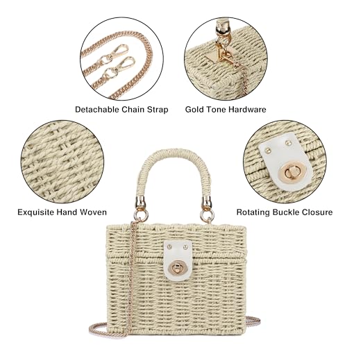 Handwoven Rattan Bag for Women Wicker Crossbody Shoulder Bag Straw Beach Tote Bag Top Handle Satchel Handbag with Chain Strap - color: Beige
