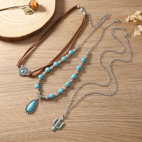 ONLYJUMP Boho Turquoise Leather Choker Necklace for Women Bohemian Handmade Leaf Layered Black Brown Suede Western Cowlady Necklace Western Country Party Jewelry Gifts - style: Cactus