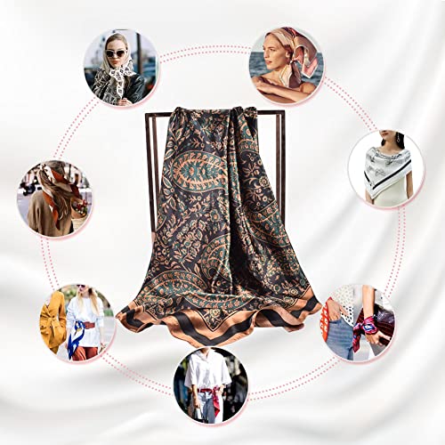 4Pcs Silk Head Scarves for Women Satin Hair Scarf 35”Large Square Bandana Silk Like Neck Scarf Shawl - color: Blue/Coffee/Beige/Black