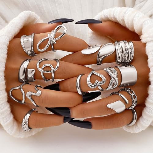 IFKM Gold Chunky Rings Set for Women 14k Gold Plated Thick Dome Stackable Open Rings Trendy Dainty Minimalist Jewelry Gifts - color: Silver, style: Geometric metal wind