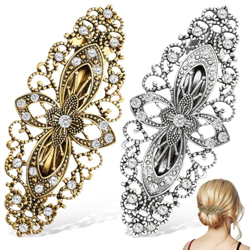 FRCOLOR 2Pcs Vintage Floral Hair Clips for Women Rhinestone Hair Barrettes for Styling Ponytails Updos Decorative Metal Accessories