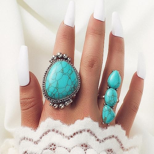 Bohemian Turquoise Ring for Women Stackable Vintage Chunky Boho Turquoise Ring Set Dainty Open Gemstone Knuckle Midi Finger Rings Western Statement Rings Jewelry - style: two