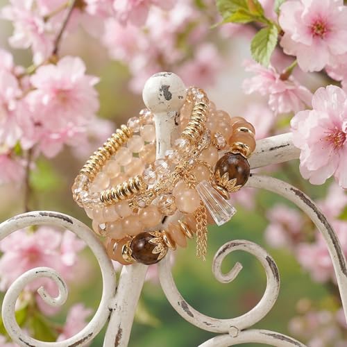 Bohemian Bracelet Sets for Women - 4-Pack Stackable Stretch Bead Bracelets with Black＆White Crystal & Gold Accessories, Multi-Layer Boho Jewelry - color: liaght a'pricot