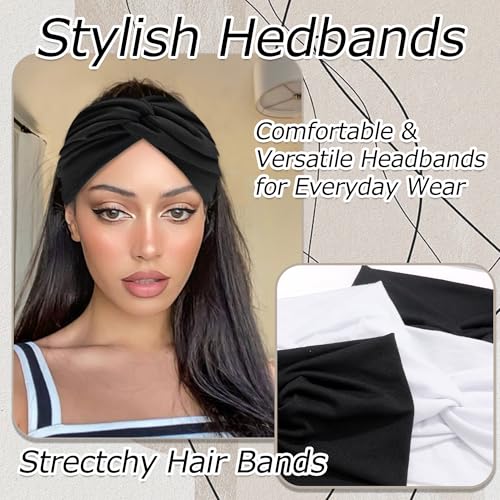 4 Pack Wide Headbands for Women Twist Headbands Stretchy Boho Turban Hair Band Non Slip Workout Women Head Wraps Accessories (Black White) - color: Black White