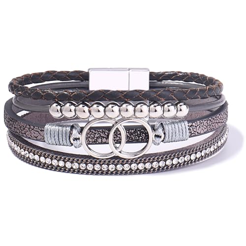 FANCY SHINY Boho Leather Wrap Bracelet Stackable Infinity Chunky Cuff Bracelets Western Hippie Outfits Jewelry Valentine Gifts for Women - color: Grey