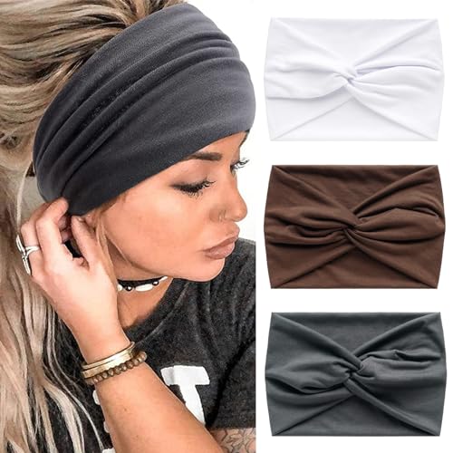 Wide Headbands for Women Black Stylish Head Wraps Boho Extra Large Hairbands Yoga Sport Workout Head Wraps Hair Twisted Knot Accessories for Women and Girls - color: Black&White&Brown