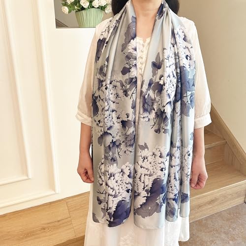 Long Silk Like Scarf Lightweight Satin Scarves Large Sunscreen Shawl Wrap for Women - color: 012.chrysanthemum Blue
