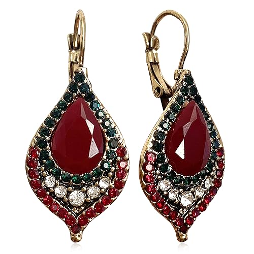 Unique Bohemian Vintage Sparkly Crystal Colorful Round Flower leverback earrings Boho Retro Bronze Circle Beaded Flower Floral Dangle Drop Earrings for Women - color: Red 11