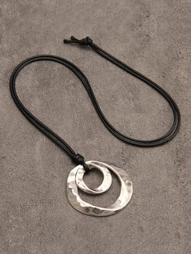 GelConnie Leather Necklace for Women Round Wooden Pendant Long Leather Choker Vintage Sweater Necklace Gold Chunky Boho Necklaces for Women - style: 2 Circles Silver Necklace
