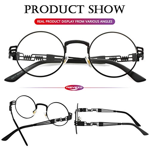 AIEYEZO Round Steampunk Sunglasses for Men Women Retro Circle Hippie Glasses Metal Frame 100% UV Blocking Lens - color: Black/Transparent