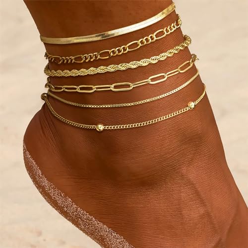 DEARMAY 14K Gold Plated Ankle Bracelets for Women Waterproof - Dainty 6Pcs Anklets Layered Cuban Link Chain Herringbone Cute Anklets Set Pack Summer Beach Jewelry Gift for Women Teen - color: Gold Anklet E