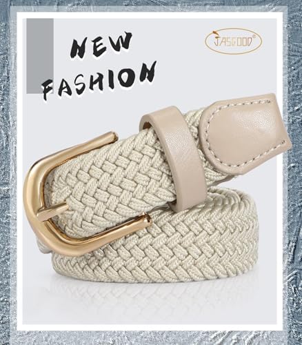 JASGOOD 2 Pack Braided Belts for Women, 1'' Narrow Width Elastic Woven Stretch Fabric Cloth Belts with Gold Buckle - color: A-black+khaki, size: Fit Size 29"-32"