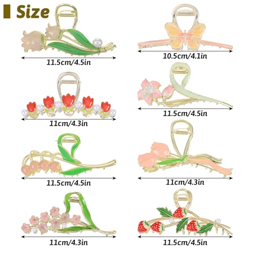 8 Pcs Metal Hair Claw Clips for Women - Large Strong Hold Floral Design Non-Slip Zinc Alloy Barrettes Clamps Accessories for Long Thick Thin Curly Hair Styling Essentials