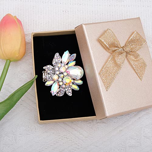 CSY Luxury Women's Austrian Crystal Leaves Flower Big Cocktail Statement Rings Stretch Adjustable Ring Jewelry Accessories - color: AB Crystal