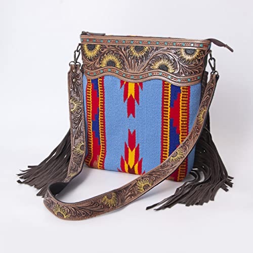 Merbaa Women Handtooled woolen saddle blanket hand woven Crossbody Bag - color: Blue