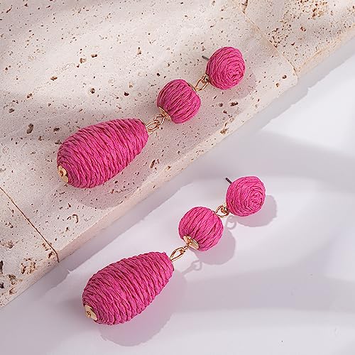Boho Raffia Earrings Statement Dangle Earrings Cute Teardrop Ball Earrings Colorful Summer Jewelry Handmade Rattan Earrings for Women - color: Hot Pink