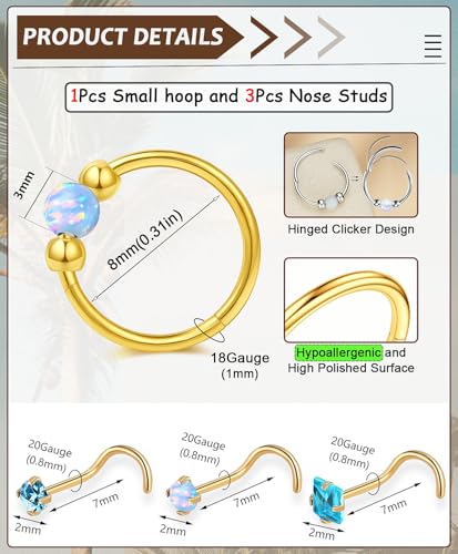 Opal Nose Ring Studs Horseshoe Nose Rings Hoops Stud 316L Stainless Steel Nose Rings Round CZ Square Screw L Shaped Nose Stud Hypoallergenic Nostril Piercing Jewelry for Women Men - color: Gold/Blue gem/18g 8mm hoop/Screw Studs