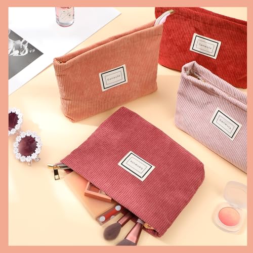 Sanwuta 4 Pack Velvet Makeup Bag Cosmetic Bag for Women Large Capacity Corduroy Pouch Zipper Canvas Travel Toiletry Purse Make up Organizer Case Accessories(Red Series,Plaid) - color: Red Series