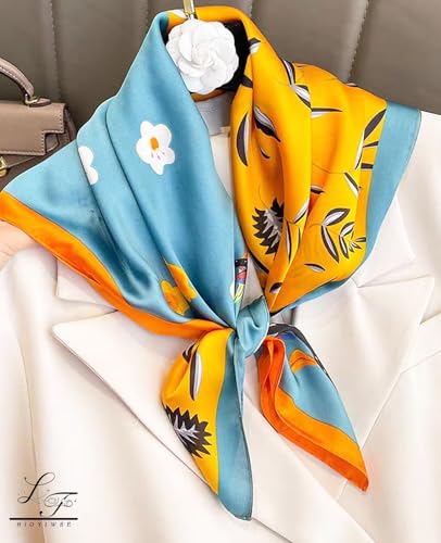 Hioyiwse Head Scarf For Women Hair Bandana 35" Large Square Satin Wrap Sleeping Neck Silk Satin Hair Scarves Lightweight - color: F20-orange-blue Branch(35*35inch）