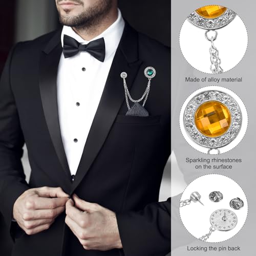 PATIKIL Gem Chain Brooch Pins, Hanging Chain Brooch Suit Pin Tassel Chain Round Crystal Badge Lapel Collar Pins for Men Shirts - color: Silver Tone(Yellow)