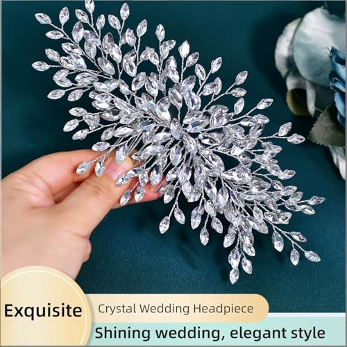 Rhinestone Leaf Wedding Hair Comb, Sparkly Bridal Hair Piece Accessories for Bride Bridesmaid Party Prom (Silver) - color: Silver