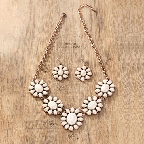4 PCS Western Turquoise Jewelry for Women Boho Vintage Navajo Pearl Necklace Earring Bracelet Ring Set Country Cowgirl Accessories for Gift - color: K-White