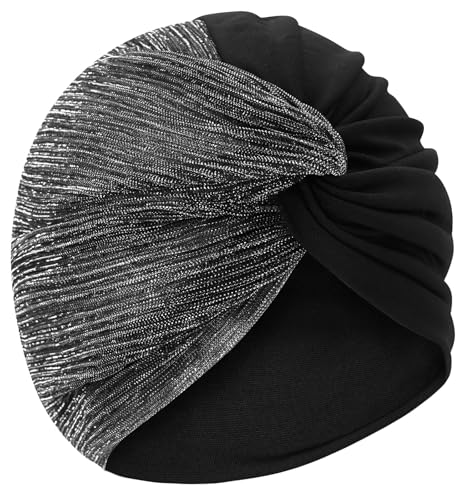 XYIYI Chemo Headwear Turban for Women, Cancer Patients Head Wrap Cover Hat for Hair Loss - color: Black Silver